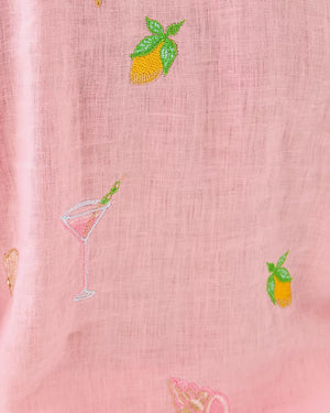 Sea View Linen Button Down Top - Conch Shell Pink Happy Hour Embroidery