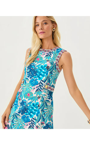 Juno Stretch Shift Dress - Breezy Aqua Best Fronds Forever Engineered