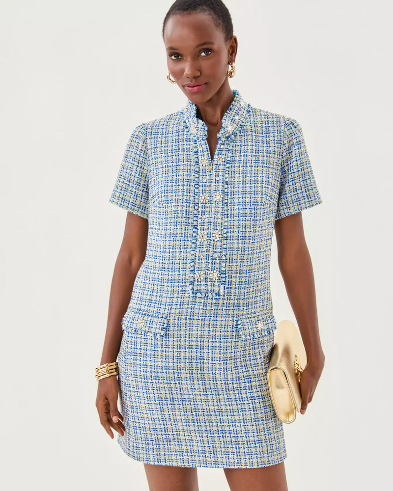 Teddy Boucle Shift Dress - Tangier Teal Ocean Deep Lurex Boucle