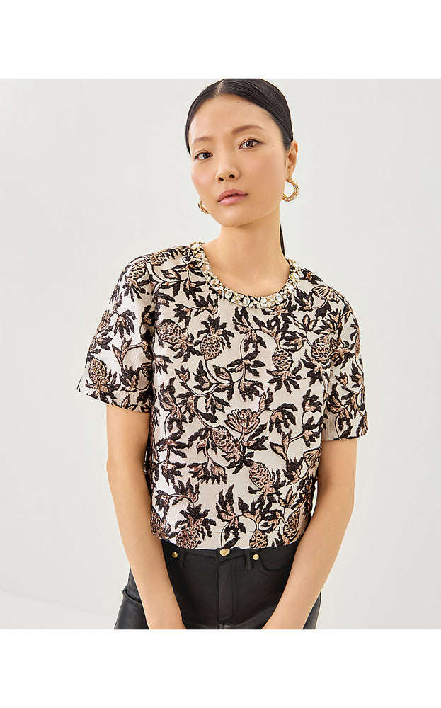 Folie Beaded Tweed Cropped Top - Noir Pineapple Puff Metallic Jacquard
