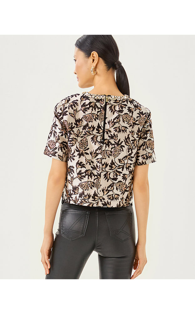 Folie Beaded Tweed Cropped Top - Noir Pineapple Puff Metallic Jacquard