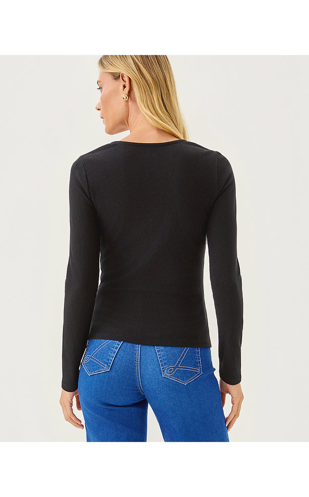 Beaty Long Sleeve Square Neck Knit Top - Noir