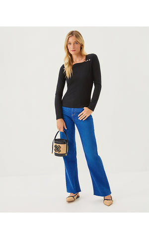 Beaty Long Sleeve Square Neck Knit Top - Noir