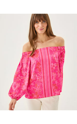 Elizabethany Off The Shoulder Top - Sun Shell Pink Big Party Engineered Woven
