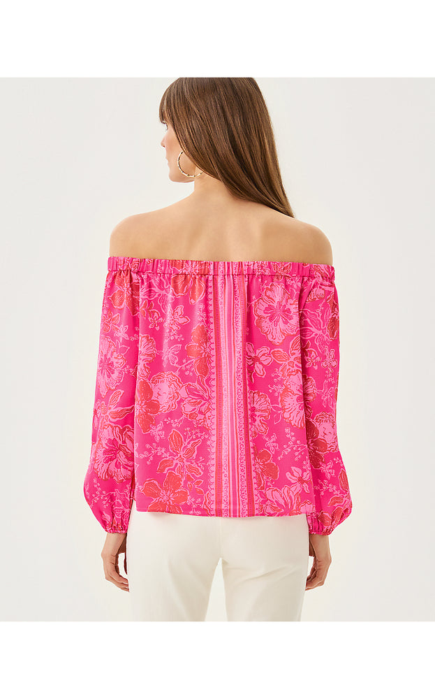 Elizabethany Off The Shoulder Top - Sun Shell Pink Big Party Engineered Woven