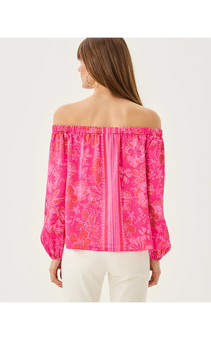 Elizabethany Off The Shoulder Top - Sun Shell Pink Big Party Engineered Woven