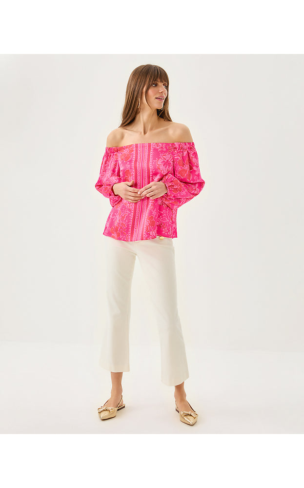 Elizabethany Off The Shoulder Top - Sun Shell Pink Big Party Engineered Woven