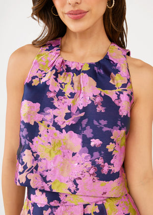Ava Top Navy Abstract Brocade
