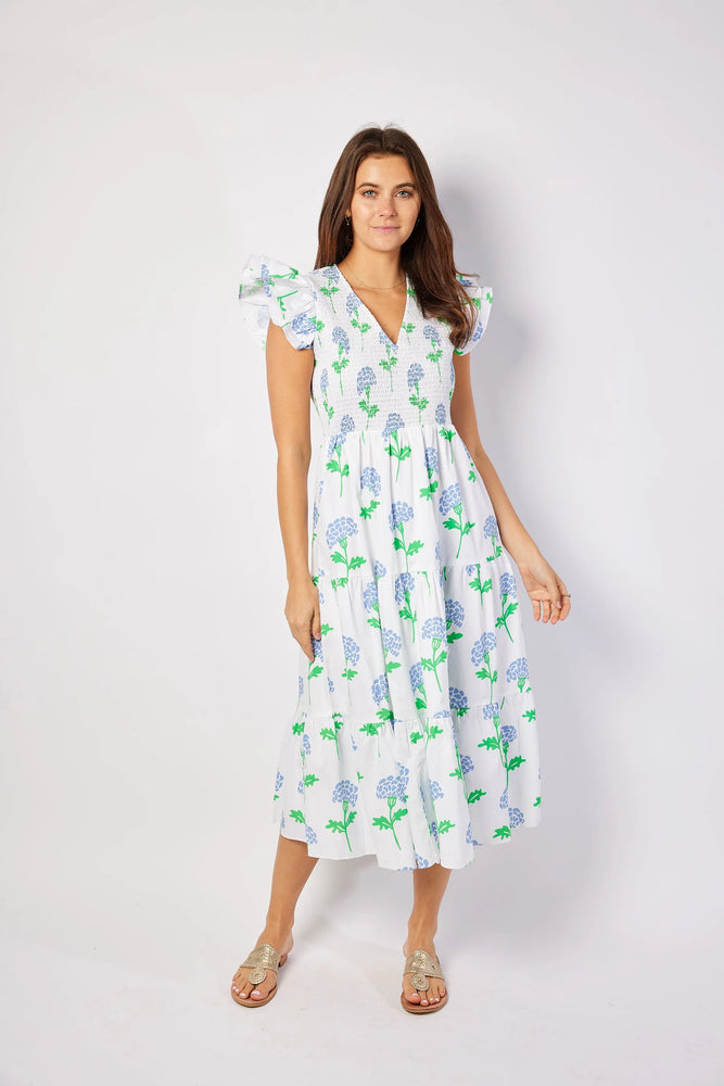 Flutter V-Neck Smocked Midi Dress - Hydrangea Block Print