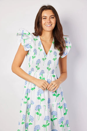 Flutter V-Neck Smocked Midi Dress - Hydrangea Block Print
