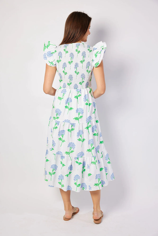 Flutter V-Neck Smocked Midi Dress - Hydrangea Block Print