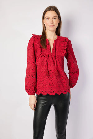 Ruffle Front Top with Tassels - Chili Pepper