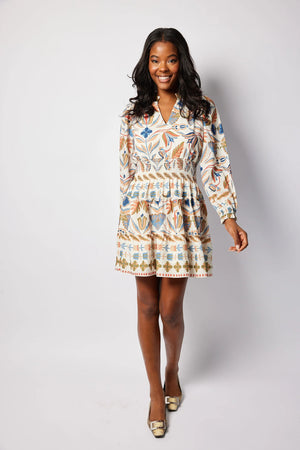 Long Sleeve Smocked Waist Dress - Geo Floral Border