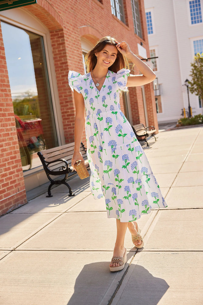 Flutter V-Neck Smocked Midi Dress - Hydrangea Block Print