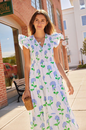 Flutter V-Neck Smocked Midi Dress - Hydrangea Block Print