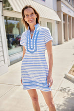Short Sleeve Tunic Dress - White Hydrangea Stripe