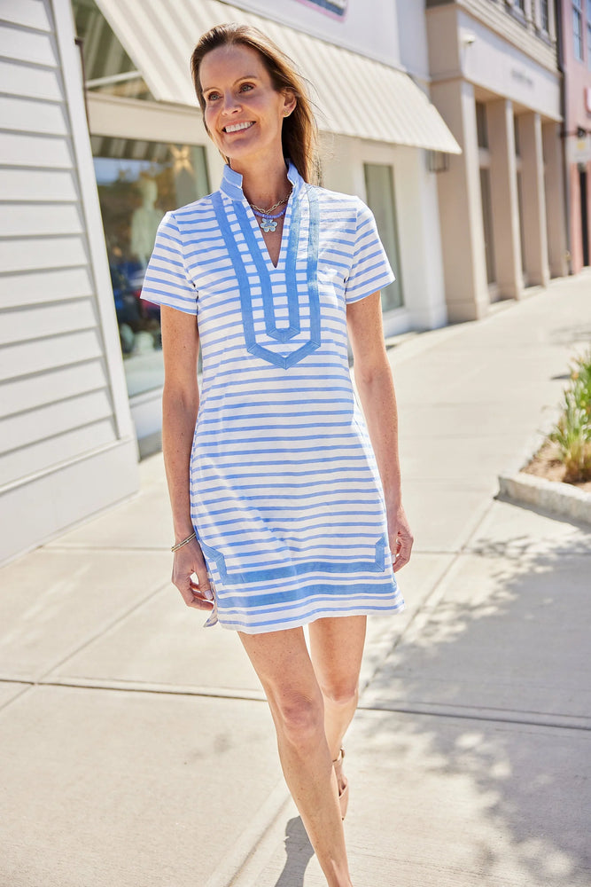 Short Sleeve Tunic Dress - White Hydrangea Stripe