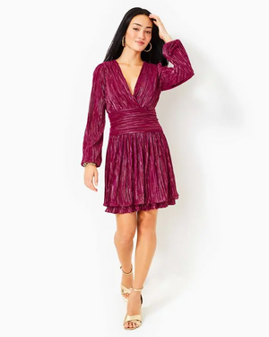 Jessamie Long Sleeve Dress - Mulberry - Foil Printed Crinkle Woven