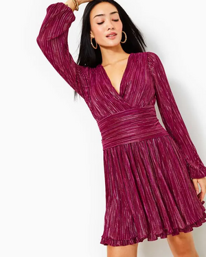 Jessamie Long Sleeve Dress - Mulberry - Foil Printed Crinkle Woven