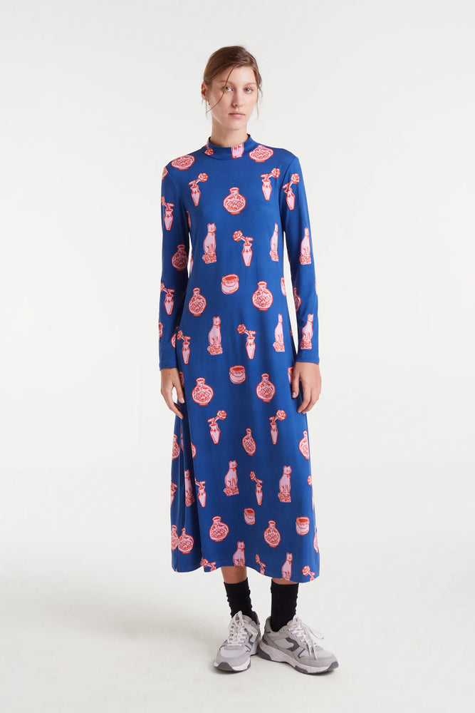 Cat & Vase Dress - Navy