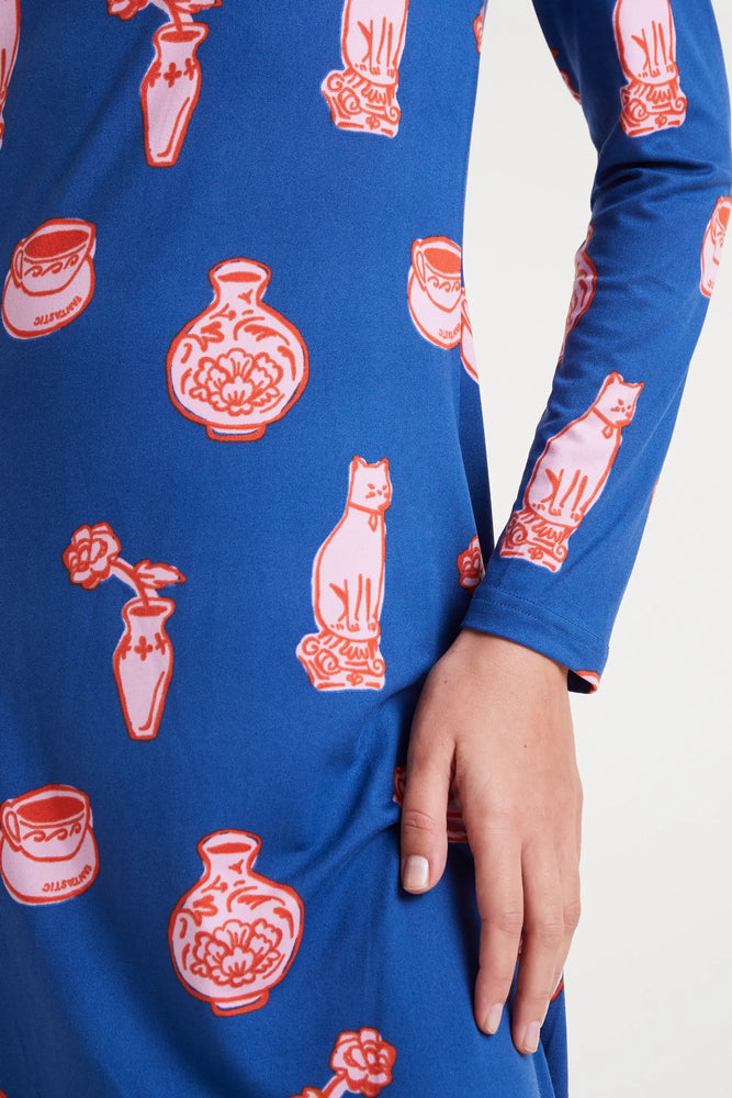 Cat & Vase Dress - Navy