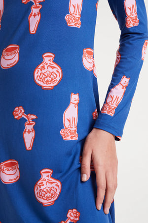 Cat & Vase Dress - Navy
