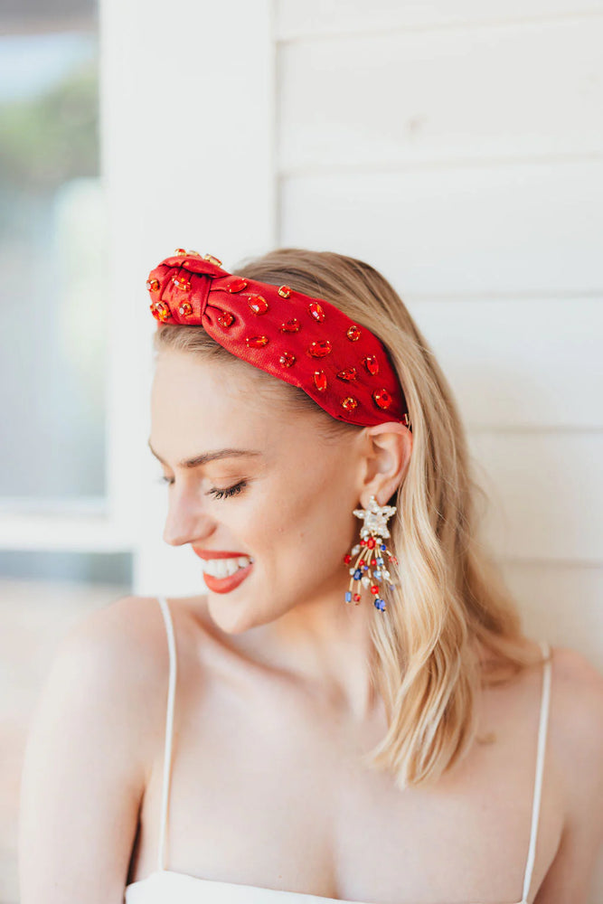Adult Size Shimmer Headband with Hand-Sewn Crystals - Red