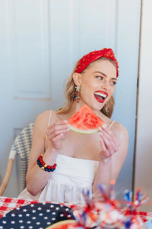 Adult Size Shimmer Headband with Hand-Sewn Crystals - Red