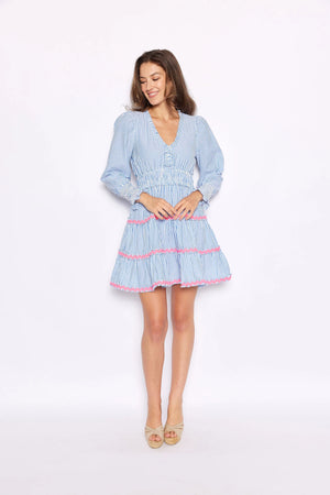 Blue & White Stripe V-Neck Smocked Waist Dress