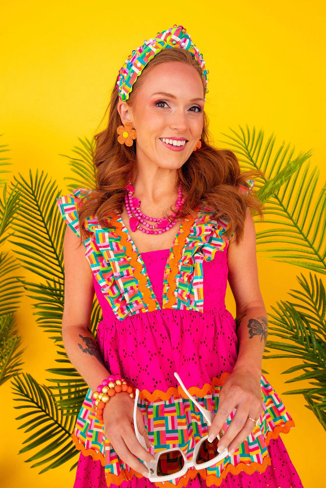 Rainbow Parquet and Pink Eyelet Ruffle Dress