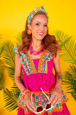 Rainbow Parquet and Pink Eyelet Ruffle Dress