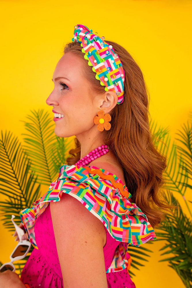 Rainbow Parquet and Pink Eyelet Ruffle Dress