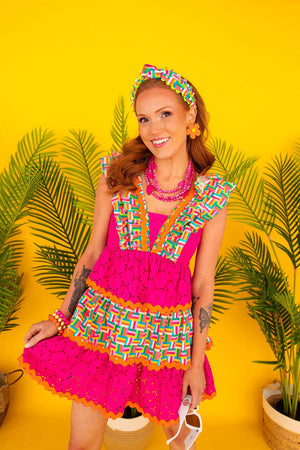 Rainbow Parquet and Pink Eyelet Ruffle Dress