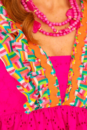 Rainbow Parquet and Pink Eyelet Ruffle Dress