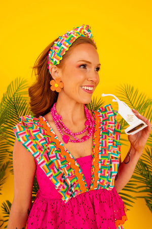 Rainbow Parquet and Pink Eyelet Ruffle Dress