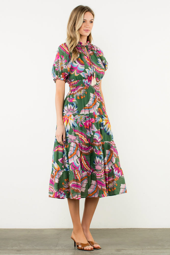 Puff Sleeve Print Tiered Maxi Dress - Green
