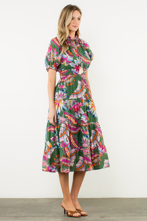 Puff Sleeve Print Tiered Maxi Dress - Green