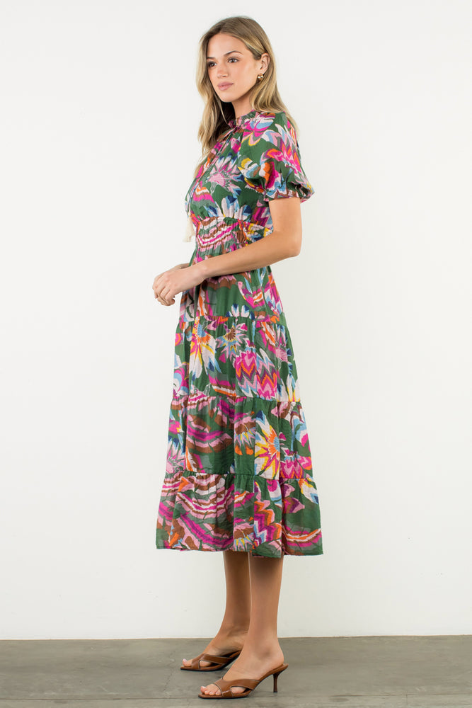 Puff Sleeve Print Tiered Maxi Dress - Green