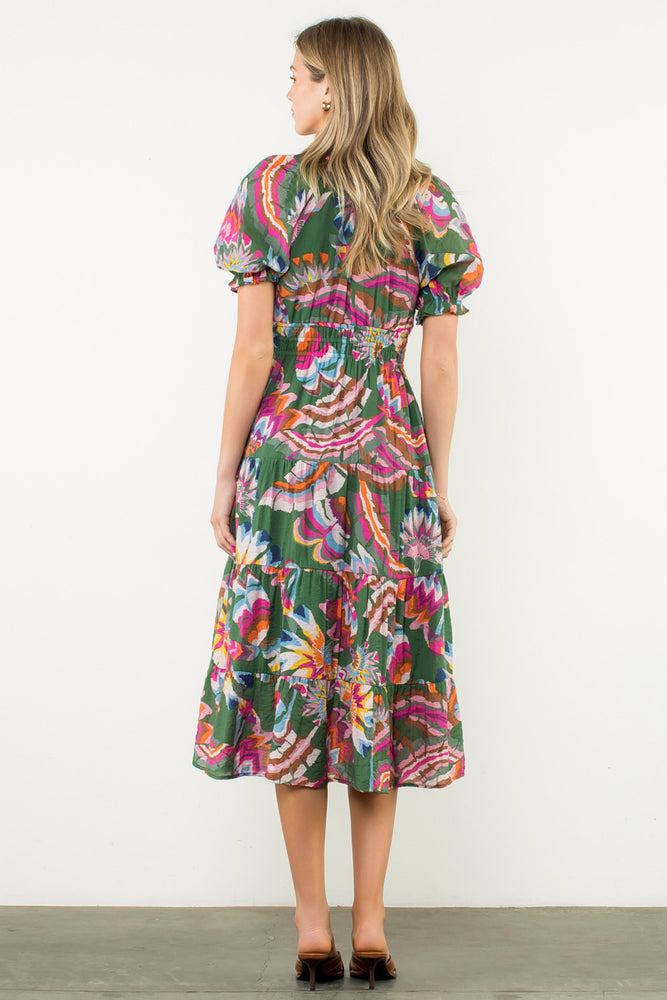 Puff Sleeve Print Tiered Maxi Dress - Green