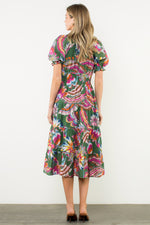 Puff Sleeve Print Tiered Maxi Dress - Green