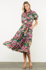 Puff Sleeve Print Tiered Maxi Dress - Green