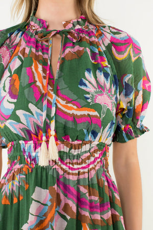 Puff Sleeve Print Tiered Maxi Dress - Green