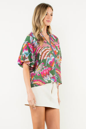 Puff Sleeve Print V-Neck Top - Green