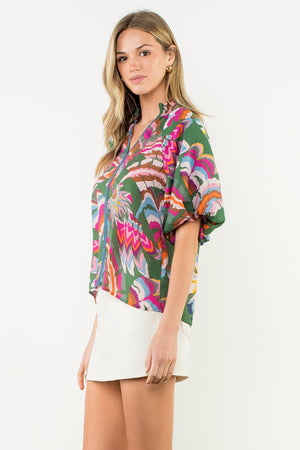 Puff Sleeve Print V-Neck Top - Green