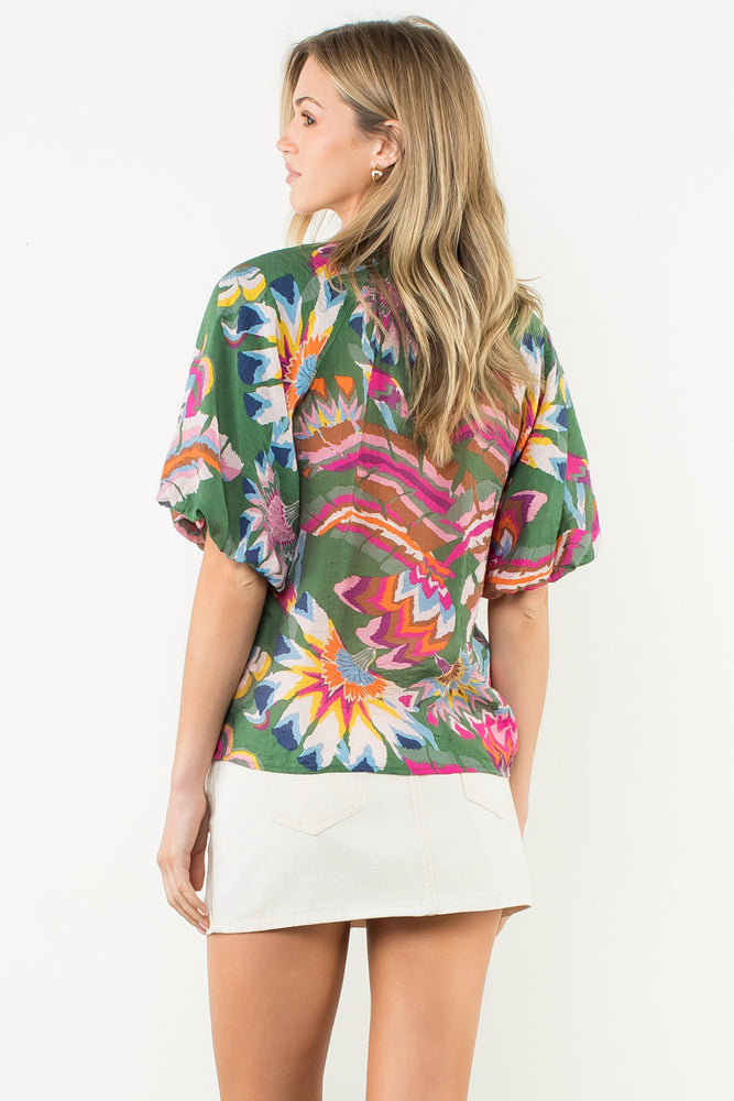 Puff Sleeve Print V-Neck Top - Green