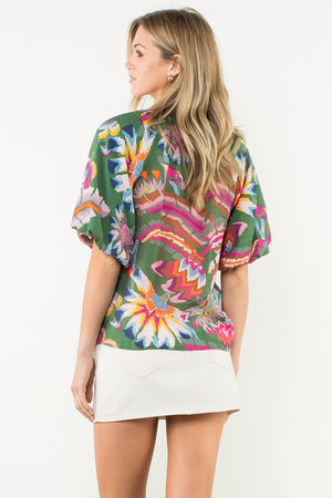 Puff Sleeve Print V-Neck Top - Green