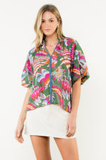 Puff Sleeve Print V-Neck Top - Green