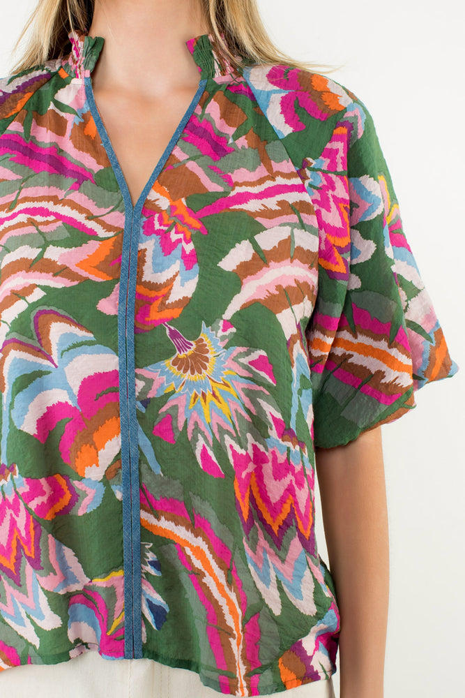 Puff Sleeve Print V-Neck Top - Green
