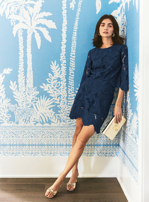 Amabel 3/4 Sleeve Cropped Top - Low Tide Navy Sway With Me Scalloped