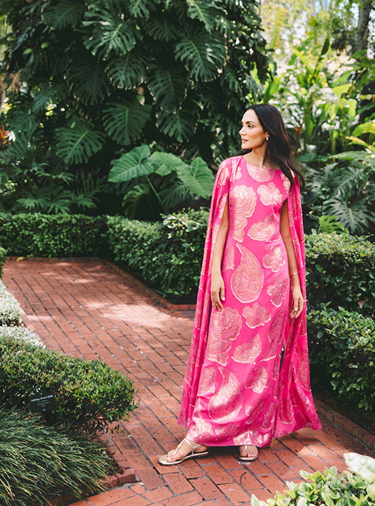 Madelyn Silk Boat Neck Maxi Caftan - Parigi Pink Shes So Fly Metallic Clip